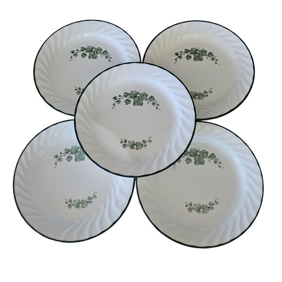 Corelle Other - 5 Corelle Callaway Salad Dessert Plates 7.25" white swirl rim green trim ivy